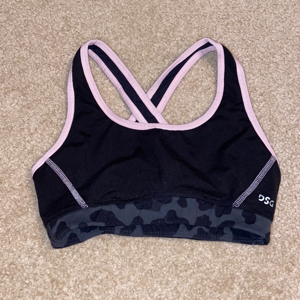 DSG Sports Bra (Black, Camo Band, Light Pink Outline)
